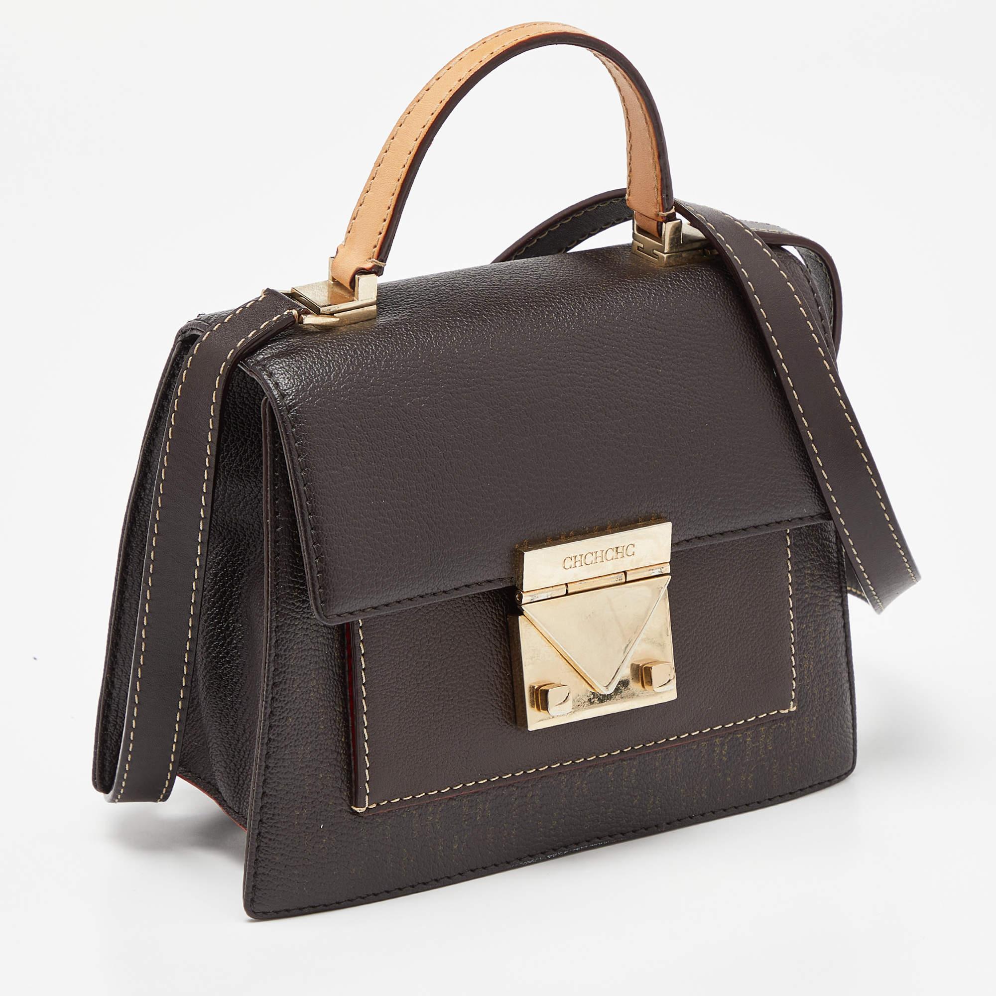 CH Carolina Herrera Brown Monogram Coated Canvas and Leather Top Handle Bag In Fair Condition In Dubai, Al Qouz 2