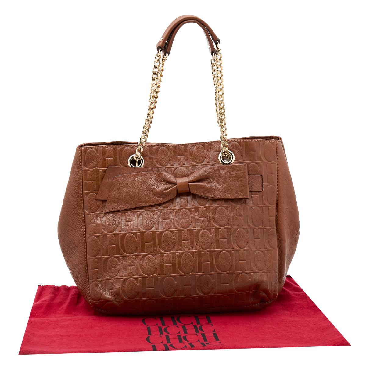 CH Carolina Herrera Brown Monogram Embossed Leather Audrey Tote 5