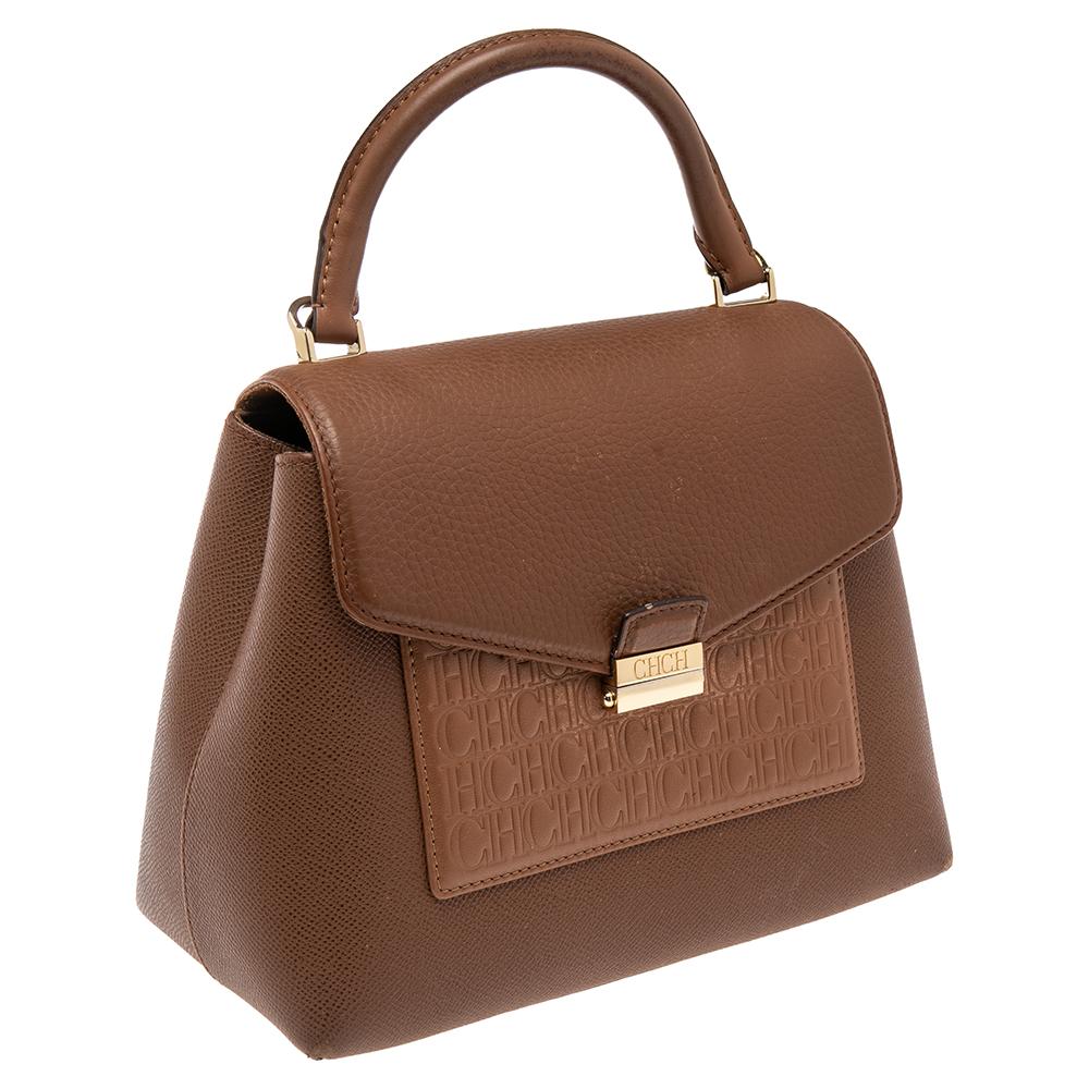 Women's CH Carolina Herrera Brown Monogram Embossed Leather Top Handle Bag