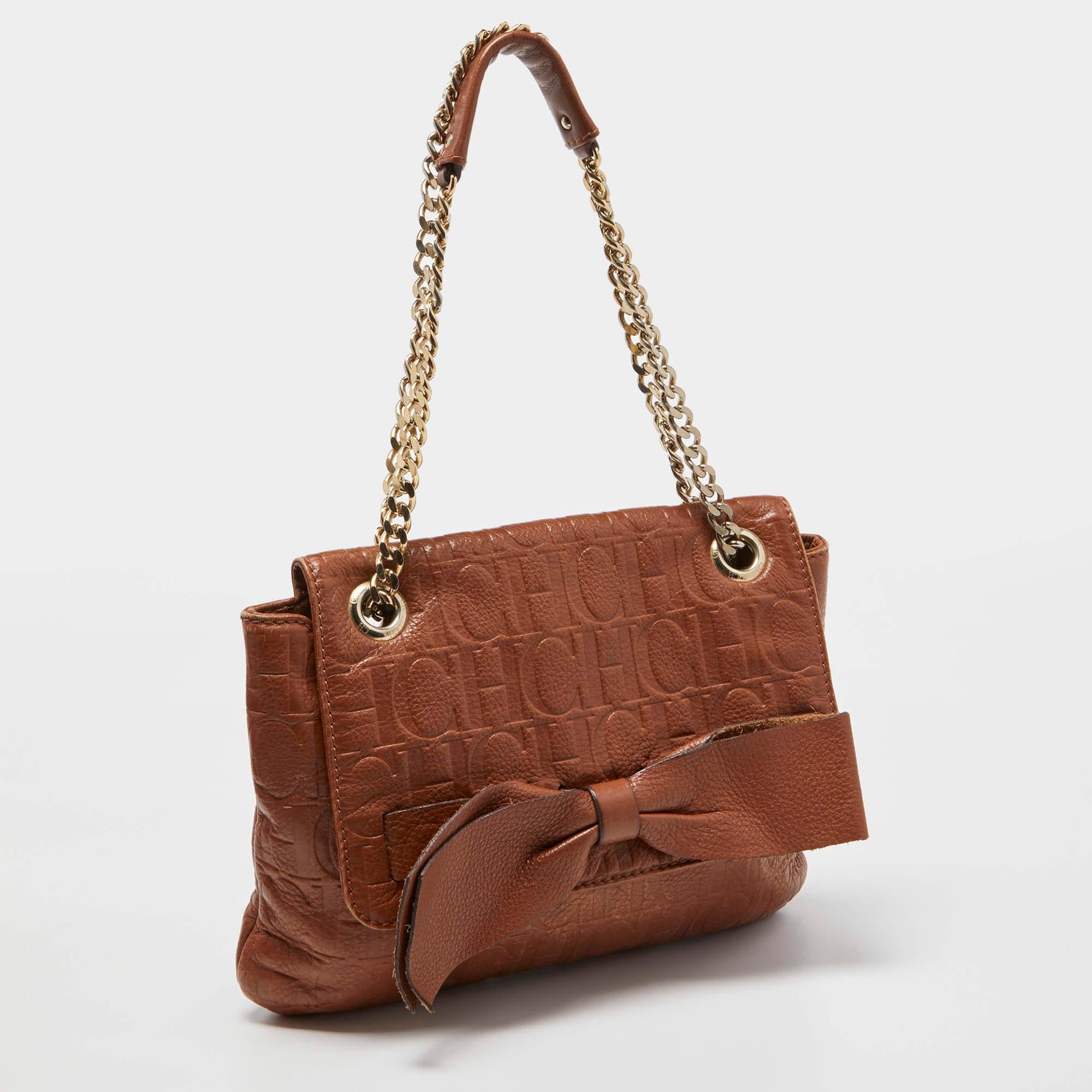 Women's CH Carolina Herrera Brown Monogram Leather Audrey Shoulder Bag
