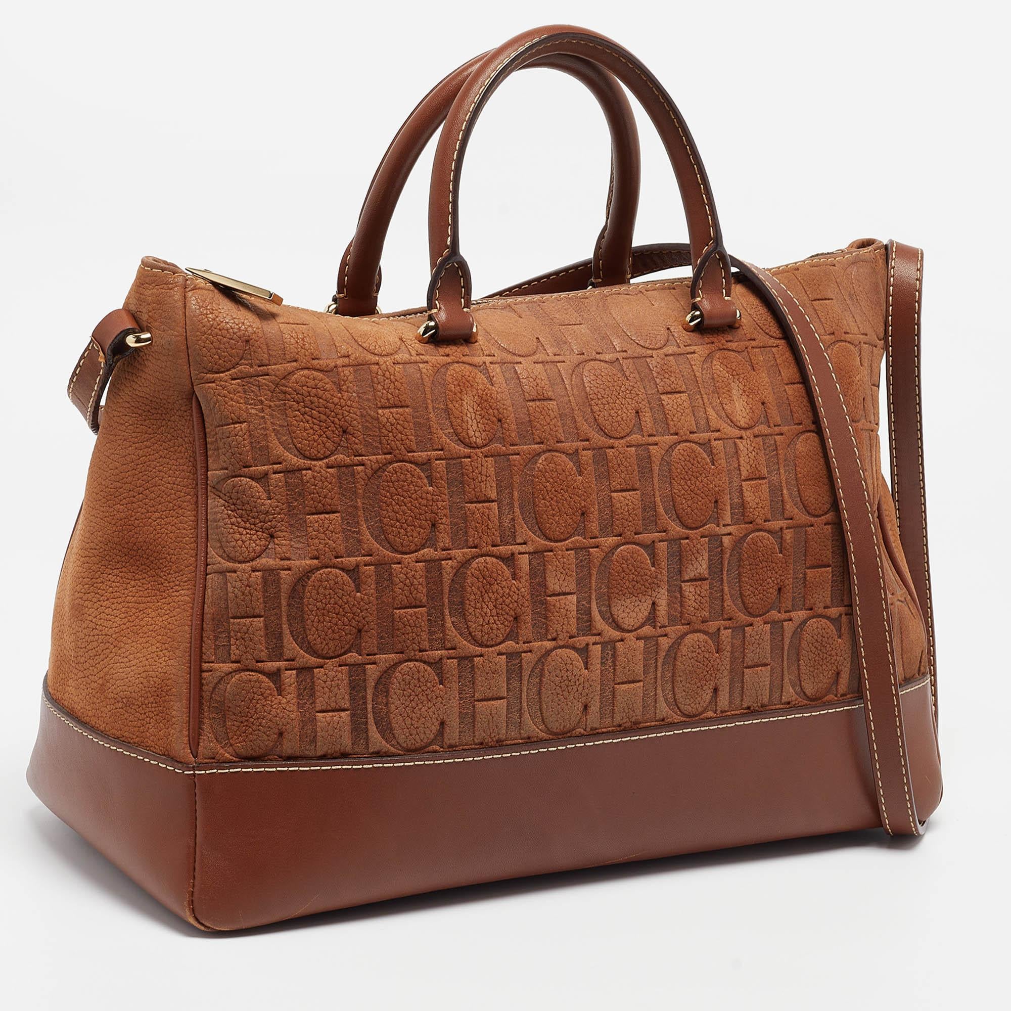 CH Carolina Herrera Brown Monogram Nubuck Leather Tote In Good Condition In Dubai, Al Qouz 2