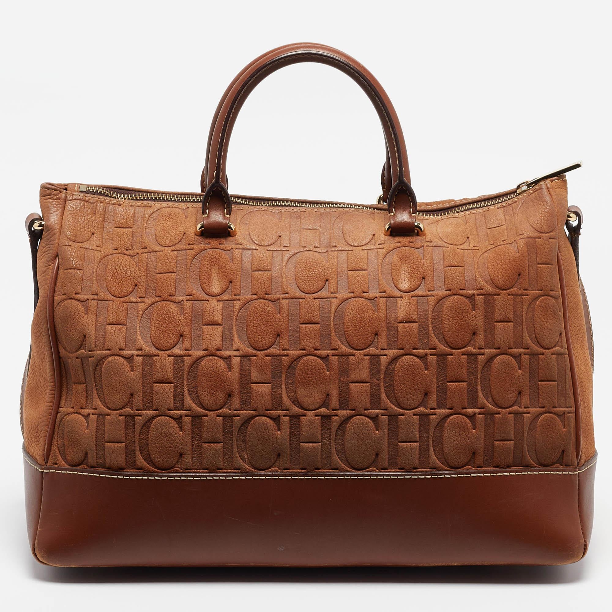 Women's CH Carolina Herrera Brown Monogram Nubuck Leather Tote