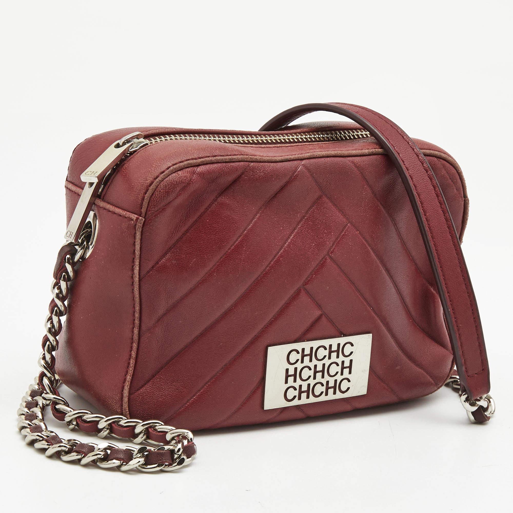 Brown CH Carolina Herrera Burgundy Chevron Leather Logo Camera Crossbody Bag For Sale
