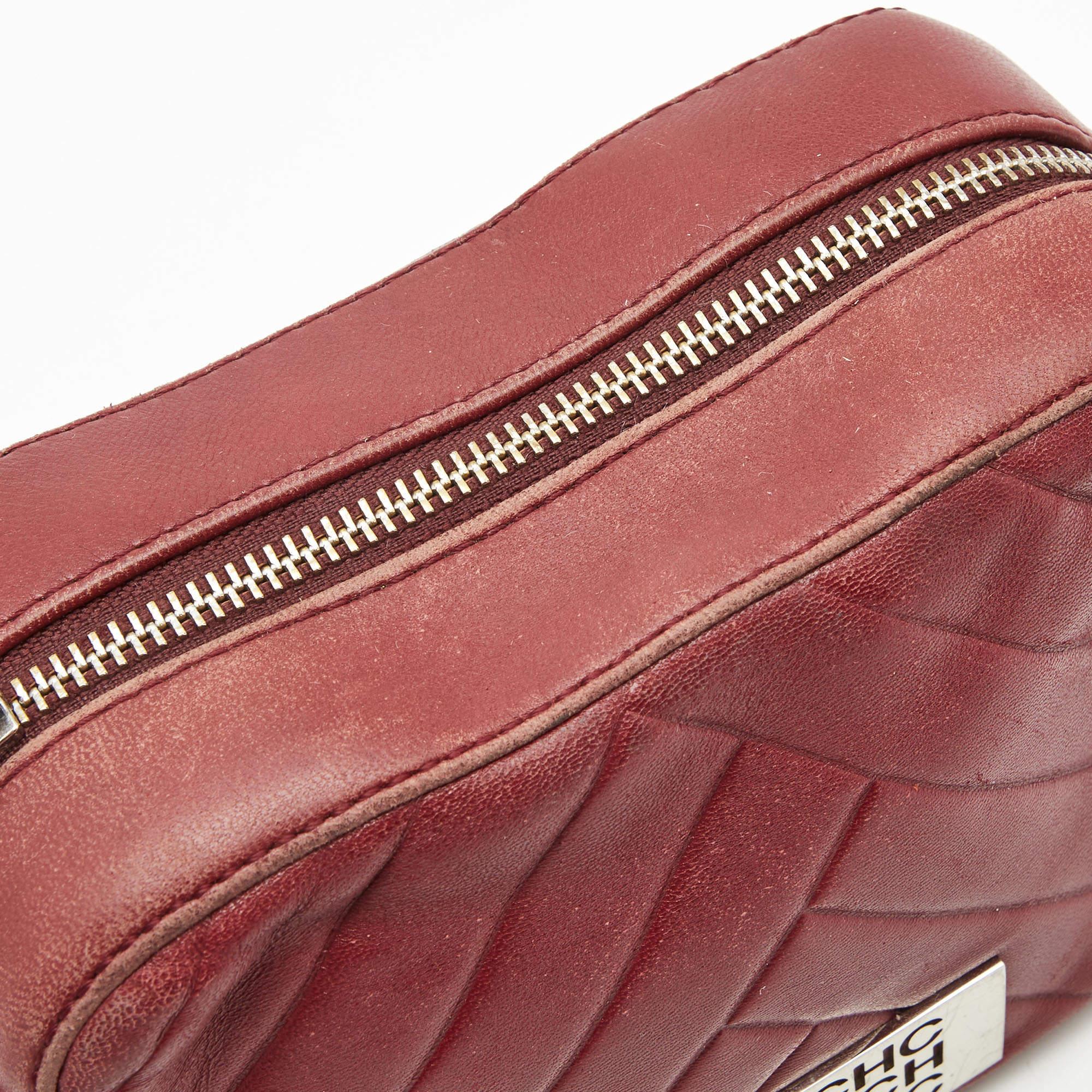 CH Carolina Herrera Burgundy Chevron Leather Logo Camera Crossbody Bag For Sale 1