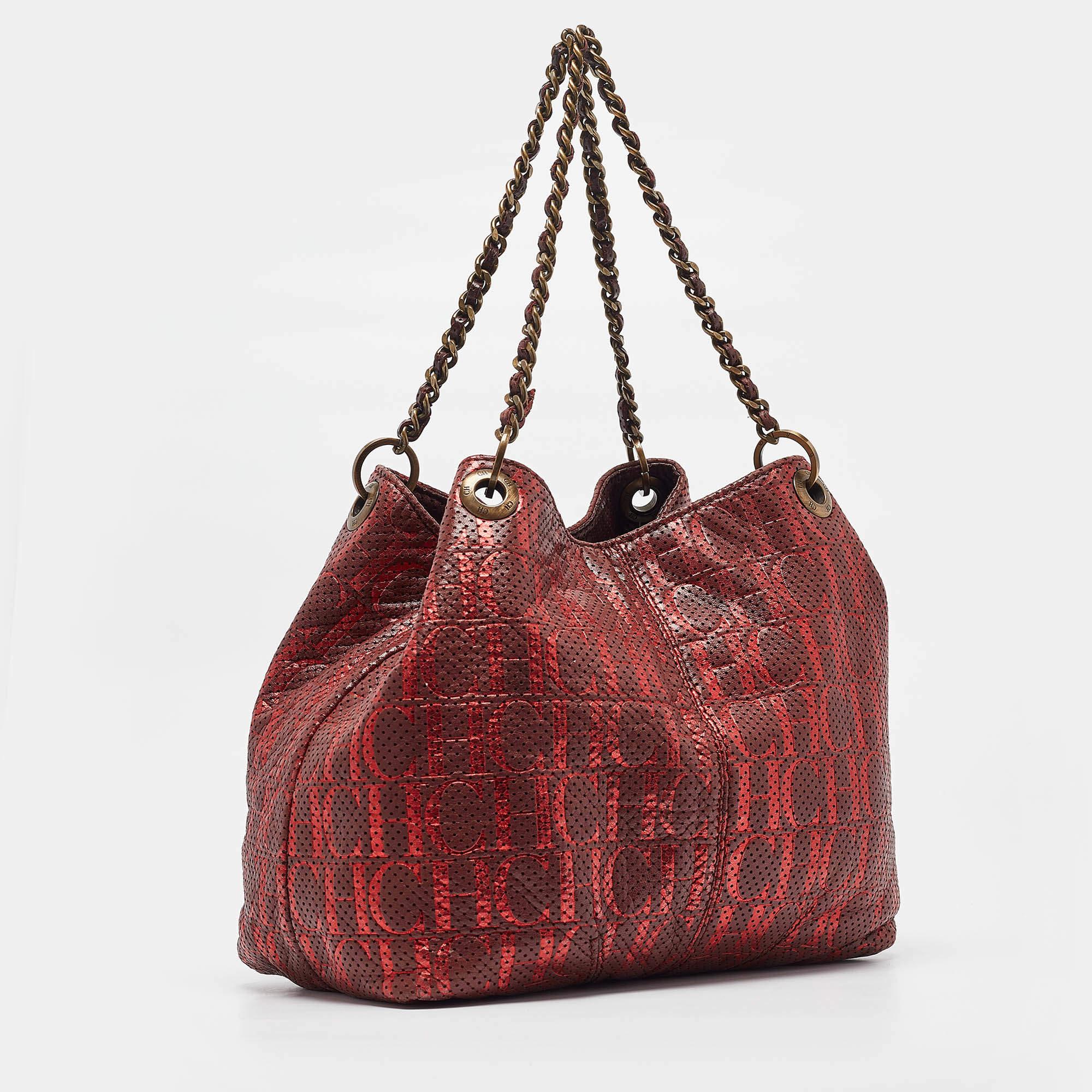Brown CH Carolina Herrera Burgundy/Red Metallic Perforated Monogram Leather Chain Tote