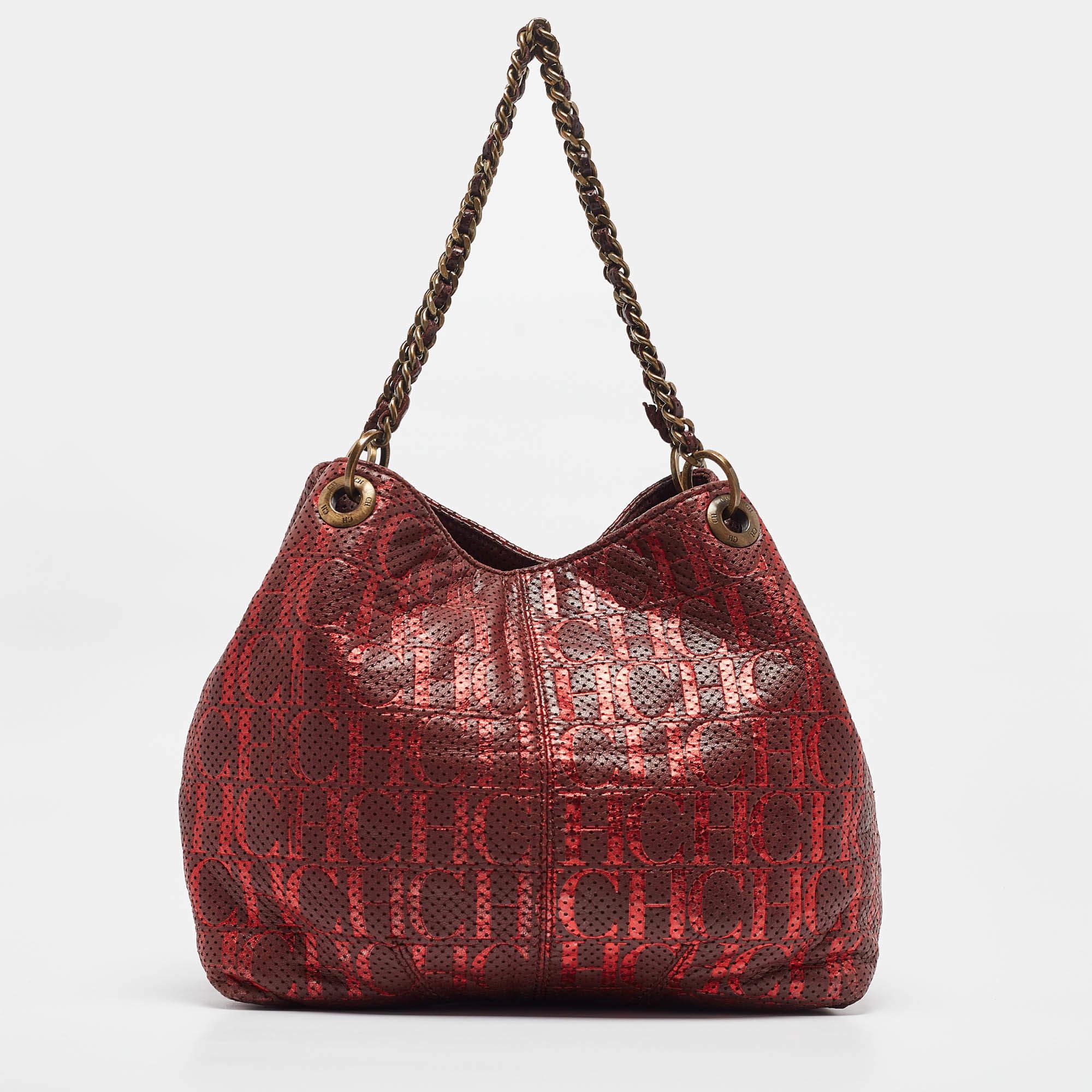 CH Carolina Herrera Burgundy/Red Metallic Perforated Monogram Leather Chain Tote In Good Condition In Dubai, Al Qouz 2