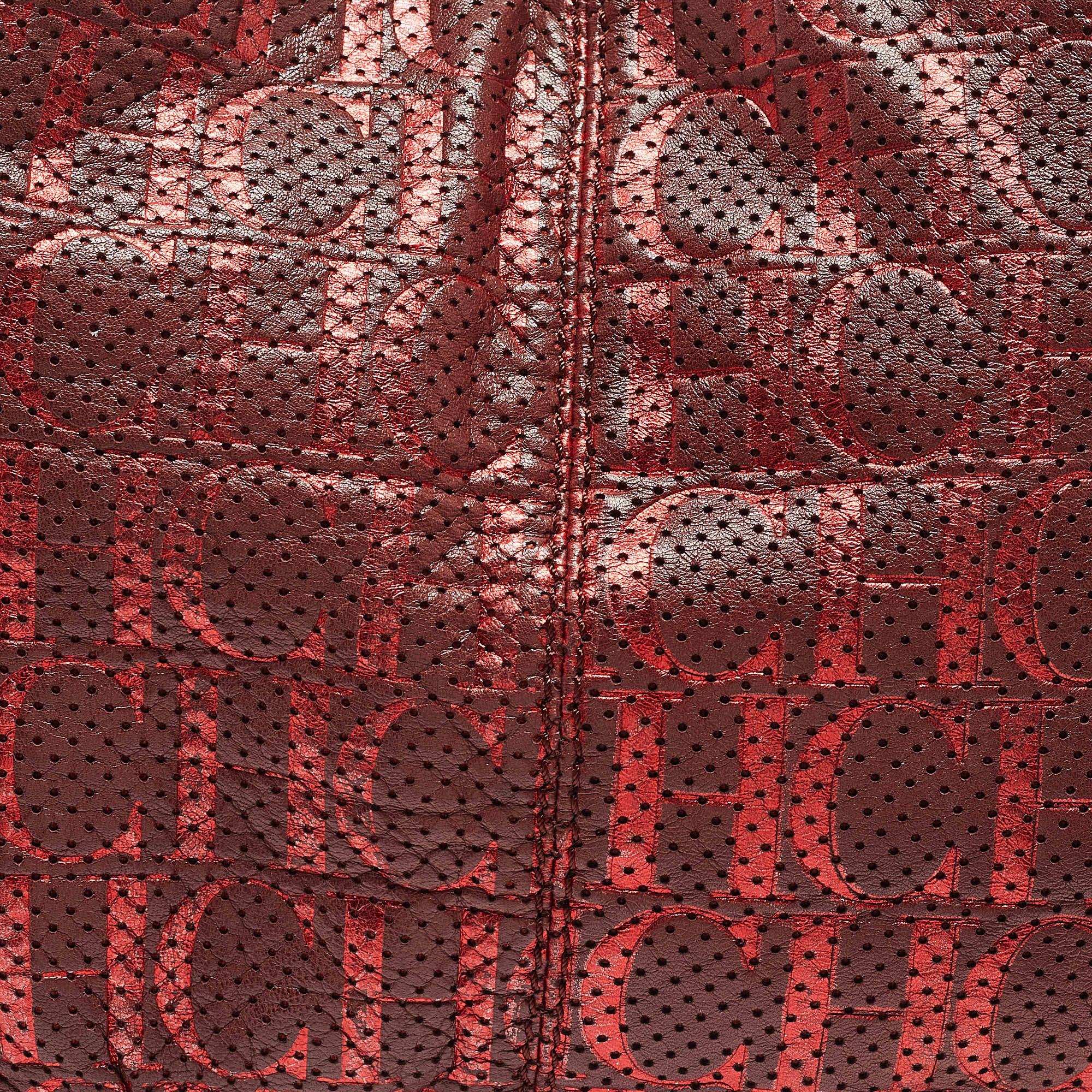 Women's CH Carolina Herrera Burgundy/Red Metallic Perforated Monogram Leather Chain Tote