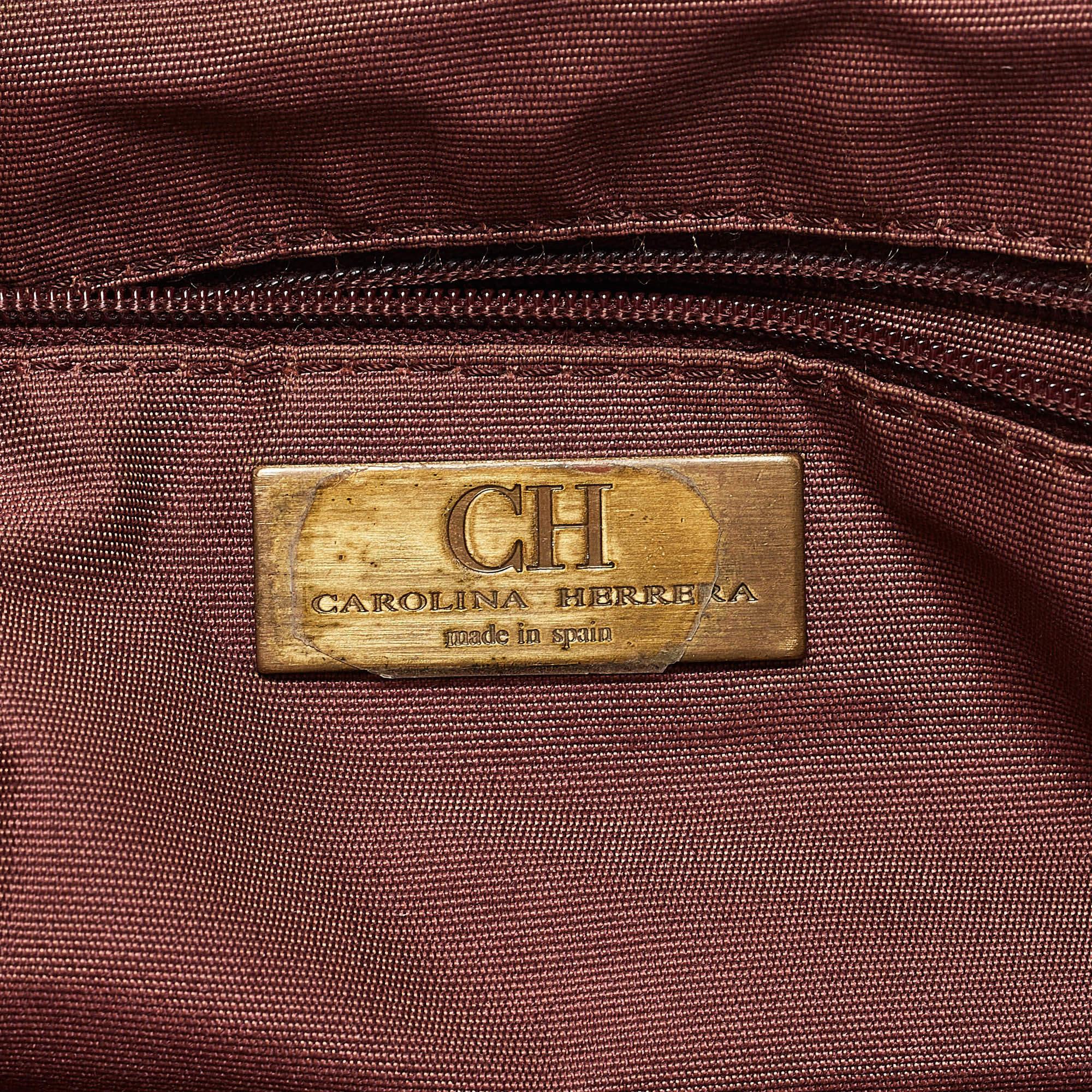 CH Carolina Herrera Burgundy/Red Metallic Perforated Monogram Leather Chain Tote 4
