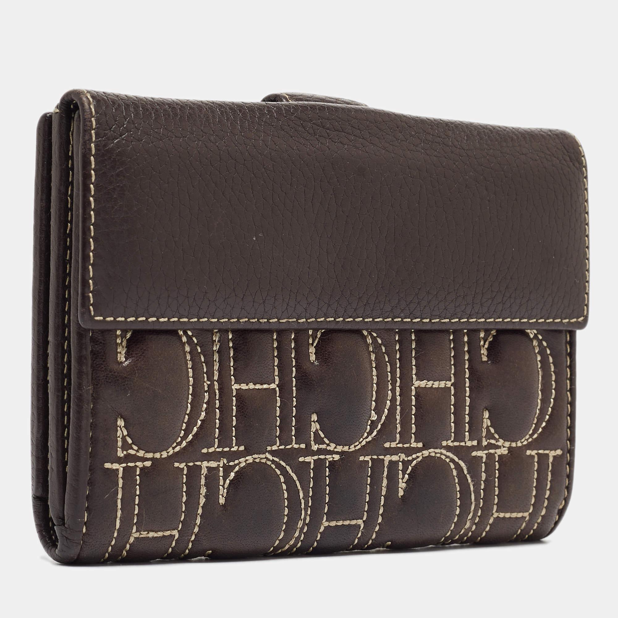 Black CH Carolina Herrera Choco Brown Monogram Leather Wallet For Sale