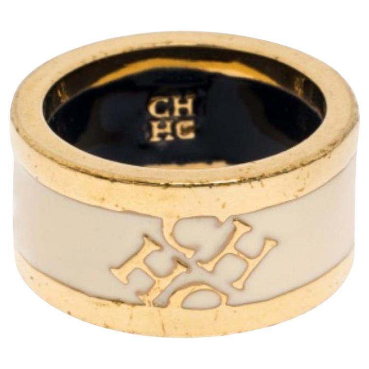 CH Carolina Herrera Cream Enamel Gold Tone Band Ring Size 52 in vendita
