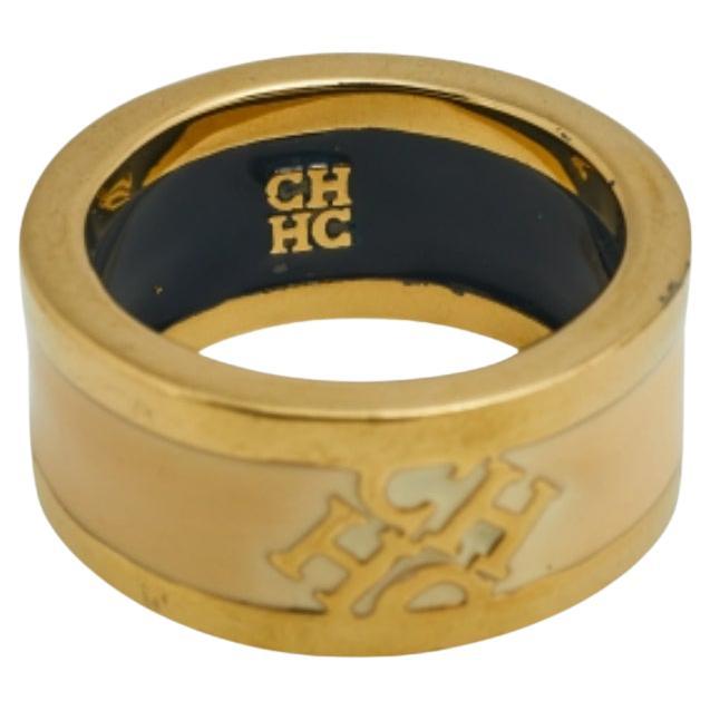 CH Carolina Herrera Cream Enamel Gold Tone Band Ring Size EU 55