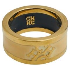CH Carolina Herrera Cream Enamel Gold Tone Band Ring Size EU 55