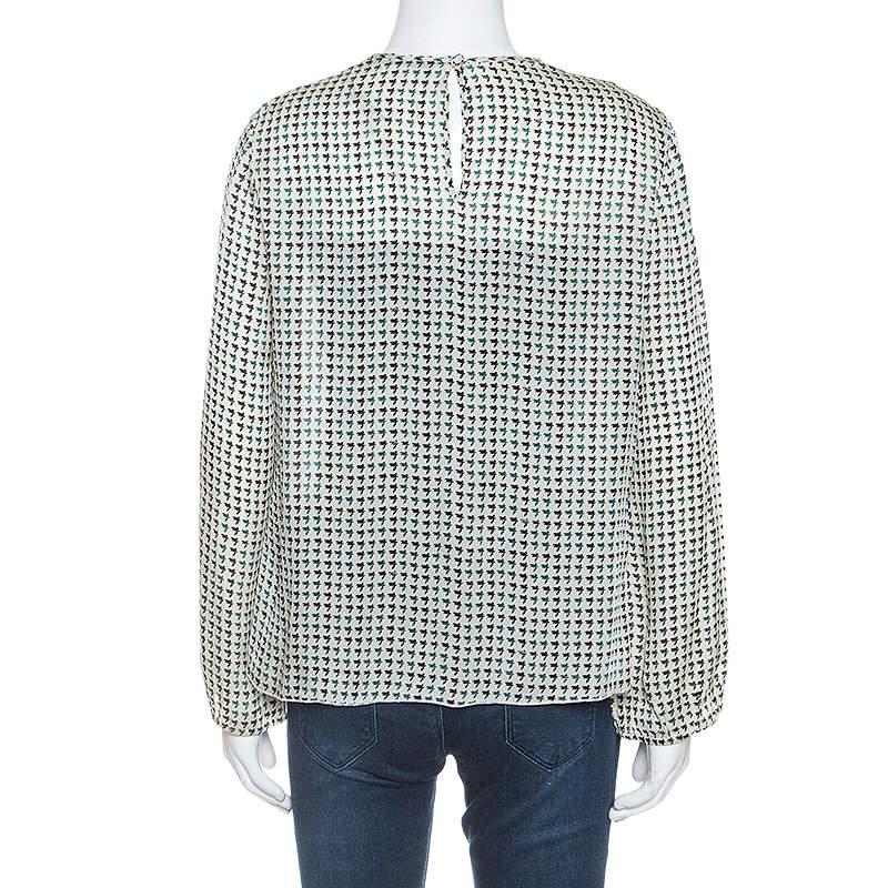 Gray CH Carolina Herrera Cream Geometric Print Silk Blouse M