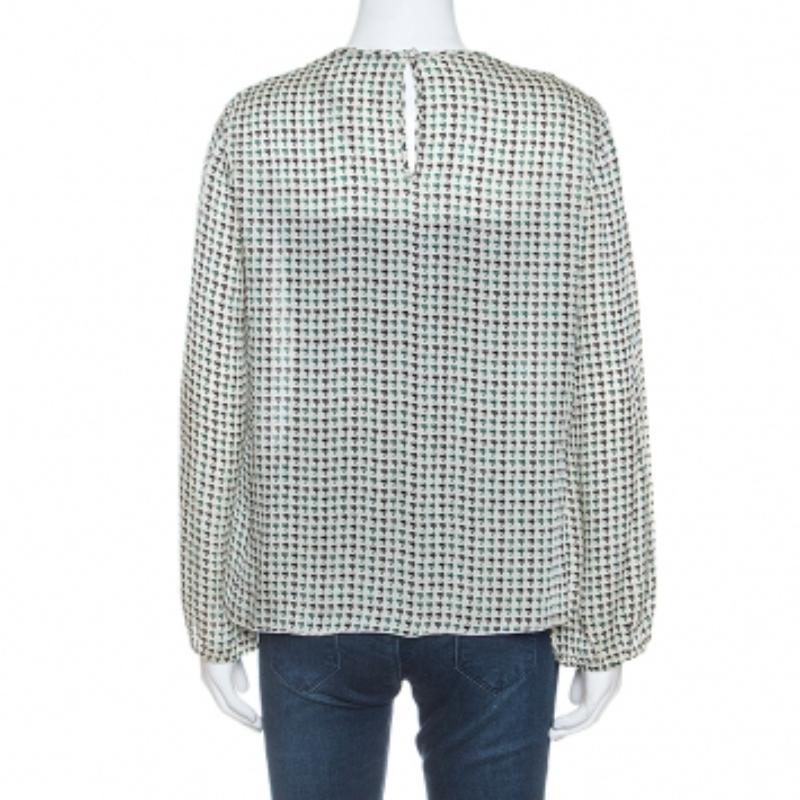 CH Carolina Herrera Blusa de Seda con Estampado Geométrico Crema M Gris en venta