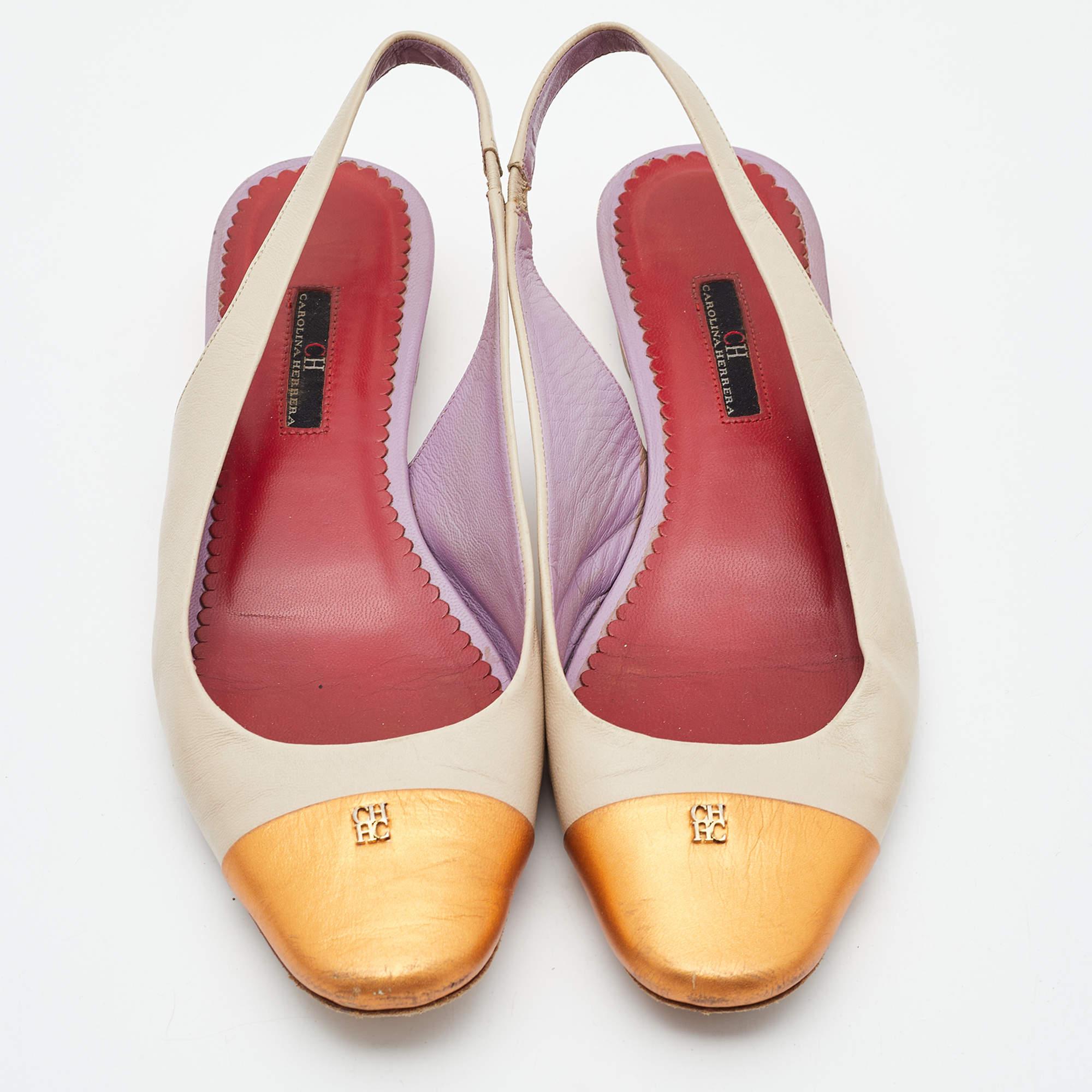 CH Carolina Herrera Creme/Orange Leder Runde Zehe Slingback Pumps Größe 39 (Beige) im Angebot