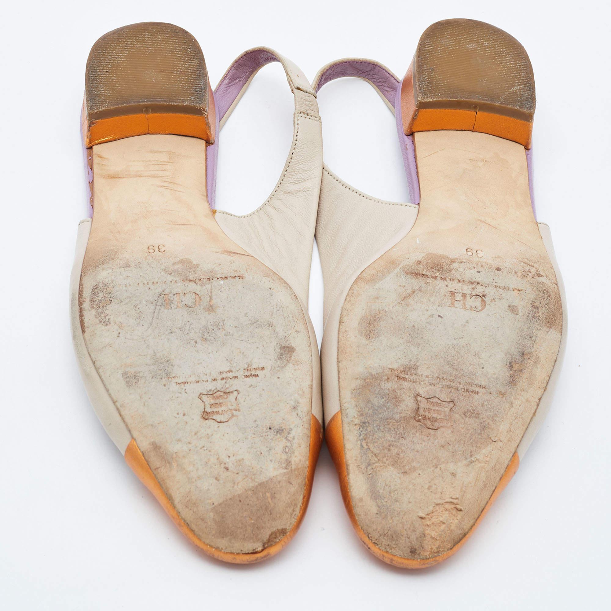 CH Carolina Herrera Creme/Orange Leder Runde Zehe Slingback Pumps Größe 39 im Angebot 1