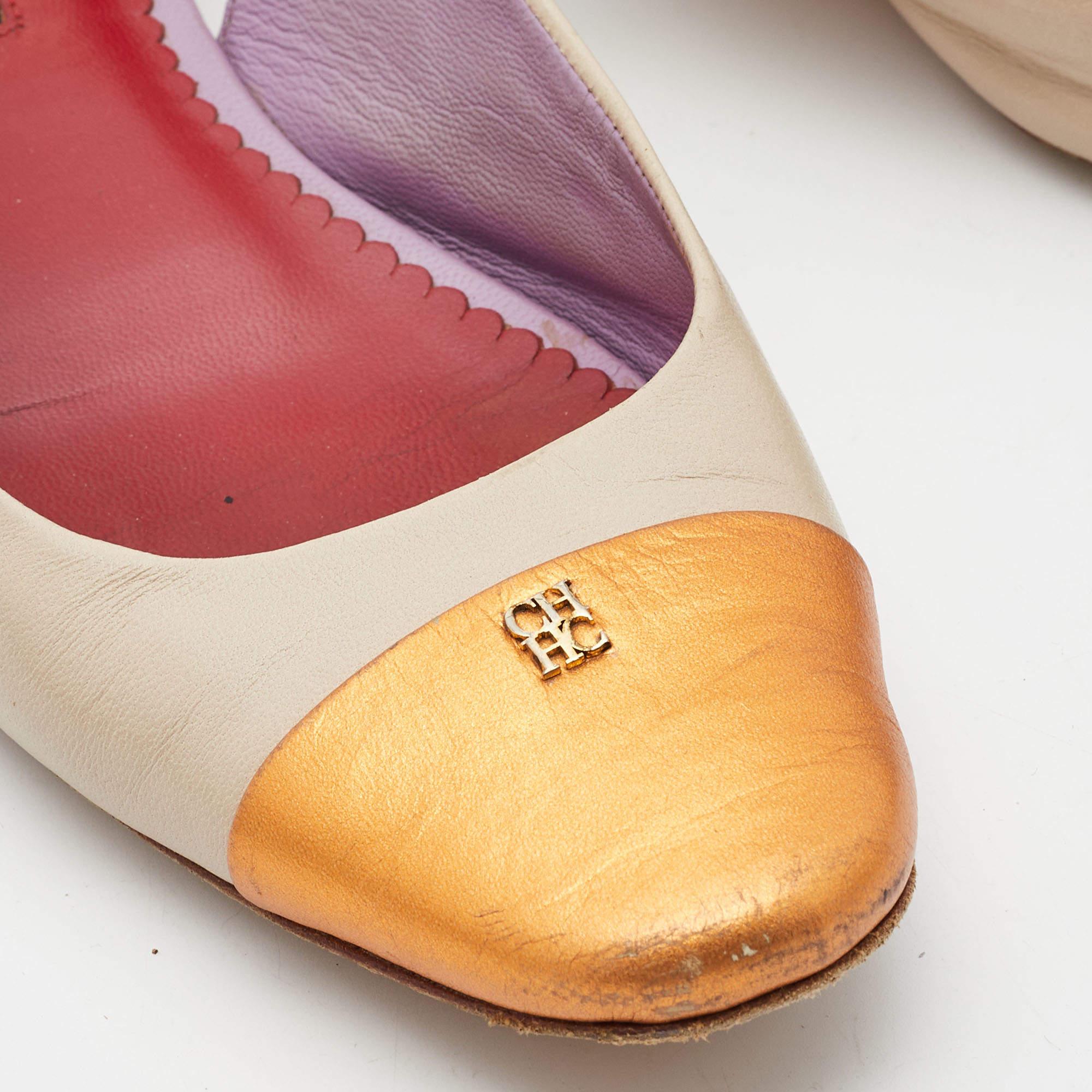 CH Carolina Herrera Creme/Orange Leder Runde Zehe Slingback Pumps Größe 39 im Angebot 2
