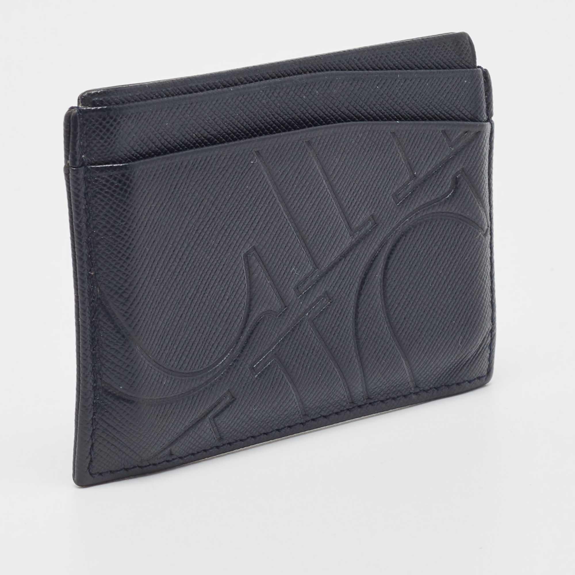 Noir CH Carolina Herrera Porte-cartes en cuir embossé monogramme bleu foncé en vente