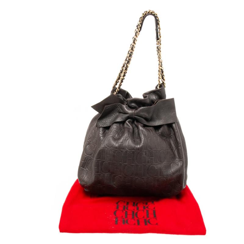 CH Carolina Herrera Dark Brown Embossed Leather Bow Bucket Bag 3