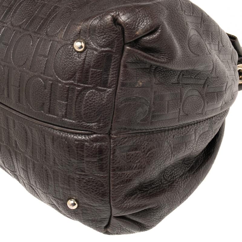 Black CH Carolina Herrera Dark Brown Embossed Leather Bow Bucket Bag
