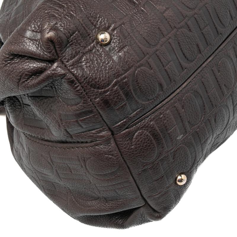 CH Carolina Herrera Dark Brown Embossed Leather Bow Bucket Bag In Good Condition In Dubai, Al Qouz 2