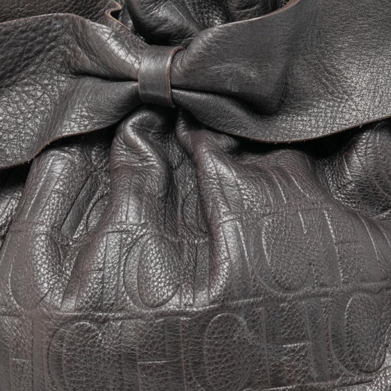Women's CH Carolina Herrera Dark Brown Embossed Leather Bow Bucket Bag