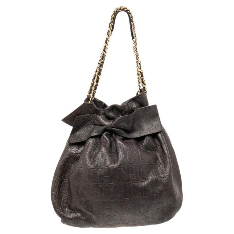 CH Carolina Herrera Dark Brown Embossed Leather Bow Bucket Bag at