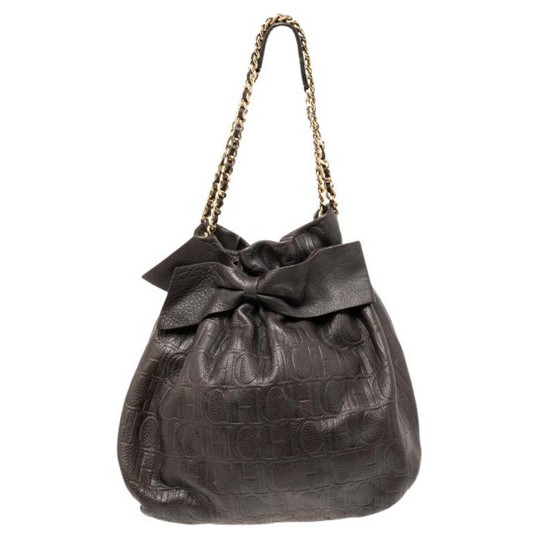 Ch Racket Bag CH Carolina Herrera Dark Brown Embossed Leather Bow Bucket Bag at 1stDibs