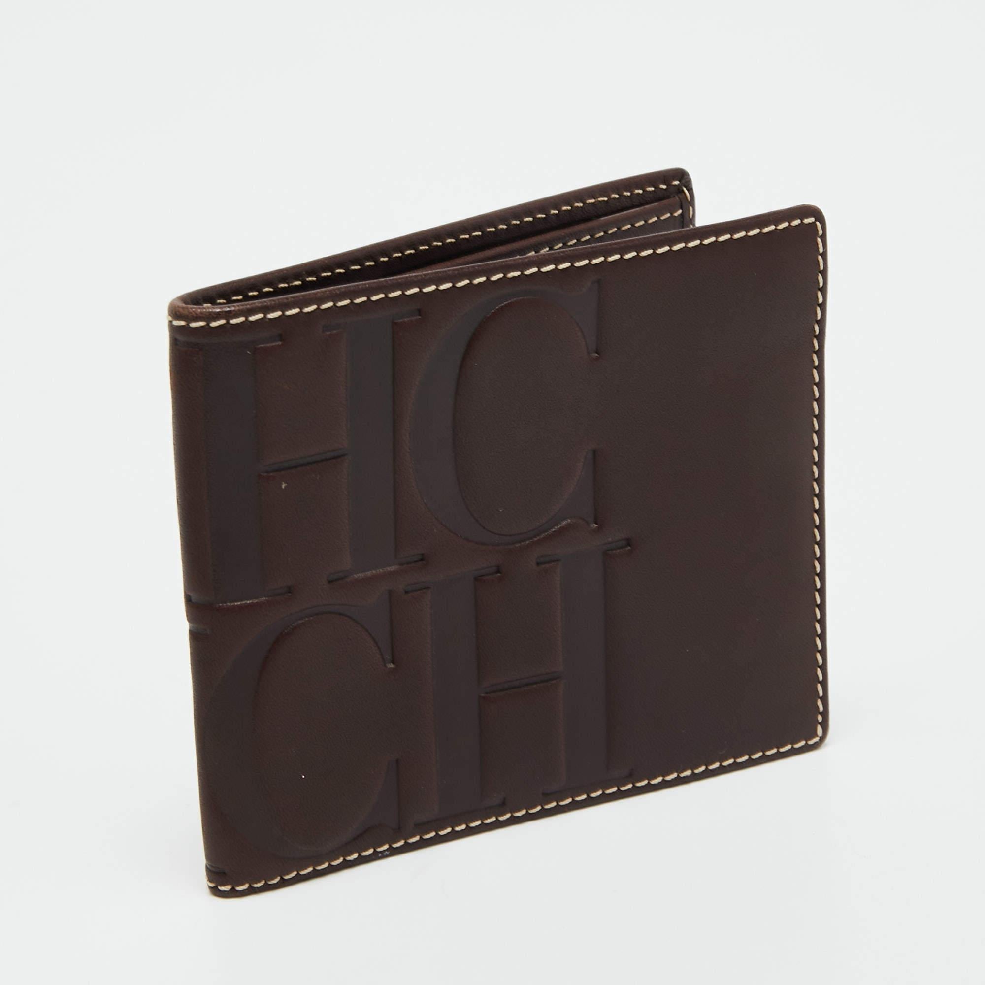 CH Carolina Herrera Dunkelbraunes Leder Portemonnaie Kompakt Brieftasche im Zustand „Gut“ in Dubai, Al Qouz 2