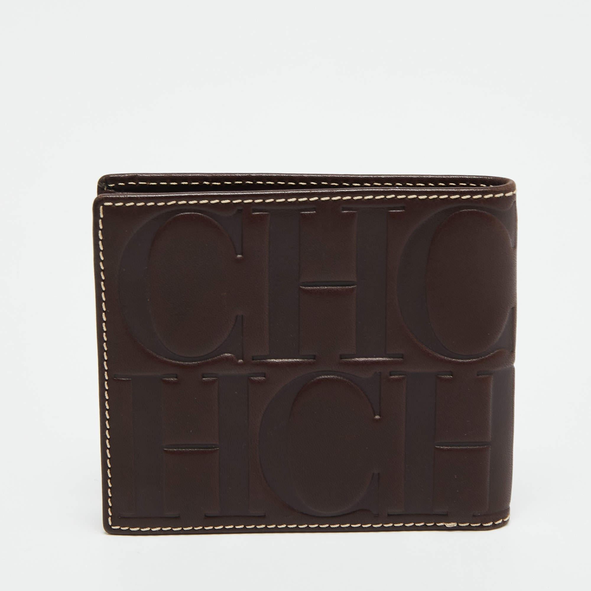 CH Carolina Herrera Dunkelbraunes Leder Portemonnaie Kompakt Brieftasche Herren