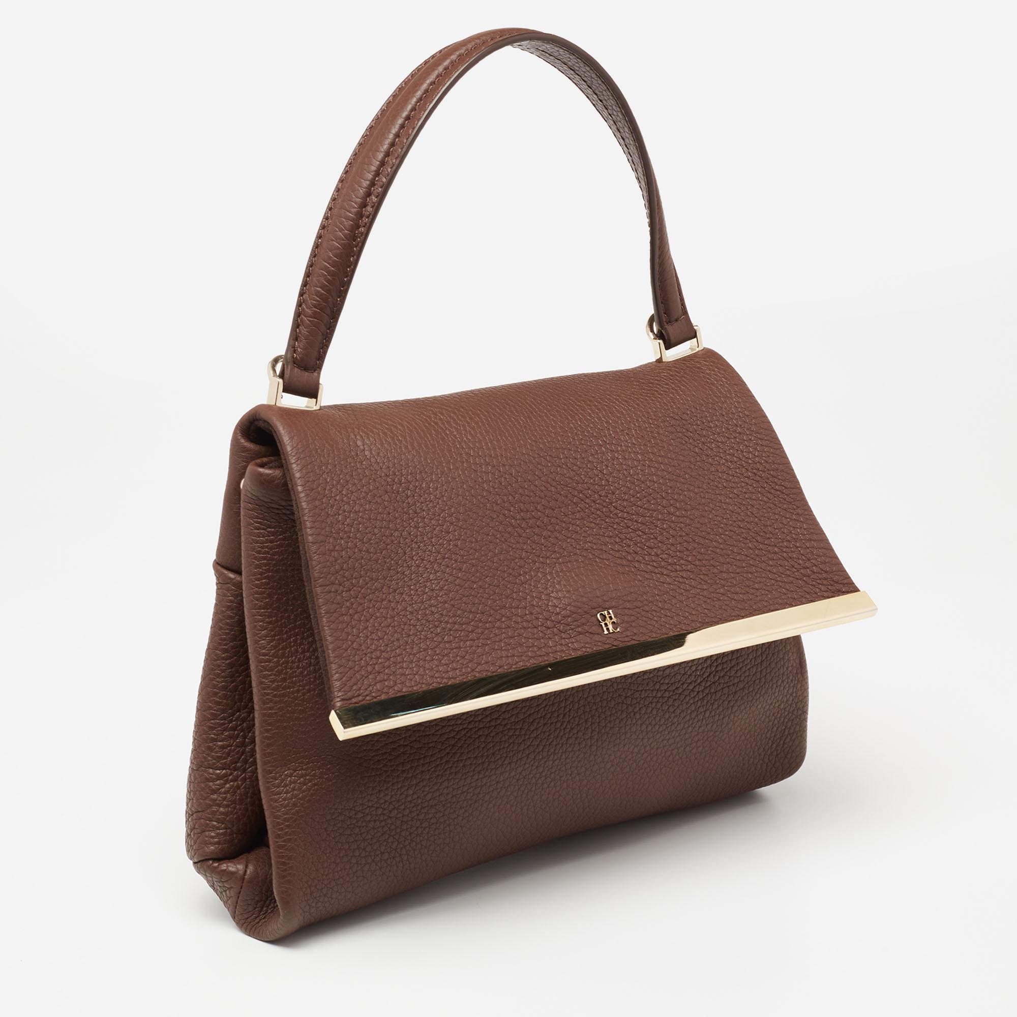 CH Carolina Herrera Dark Brown Leather Metal Flap Top Handle Bag In Good Condition In Dubai, Al Qouz 2