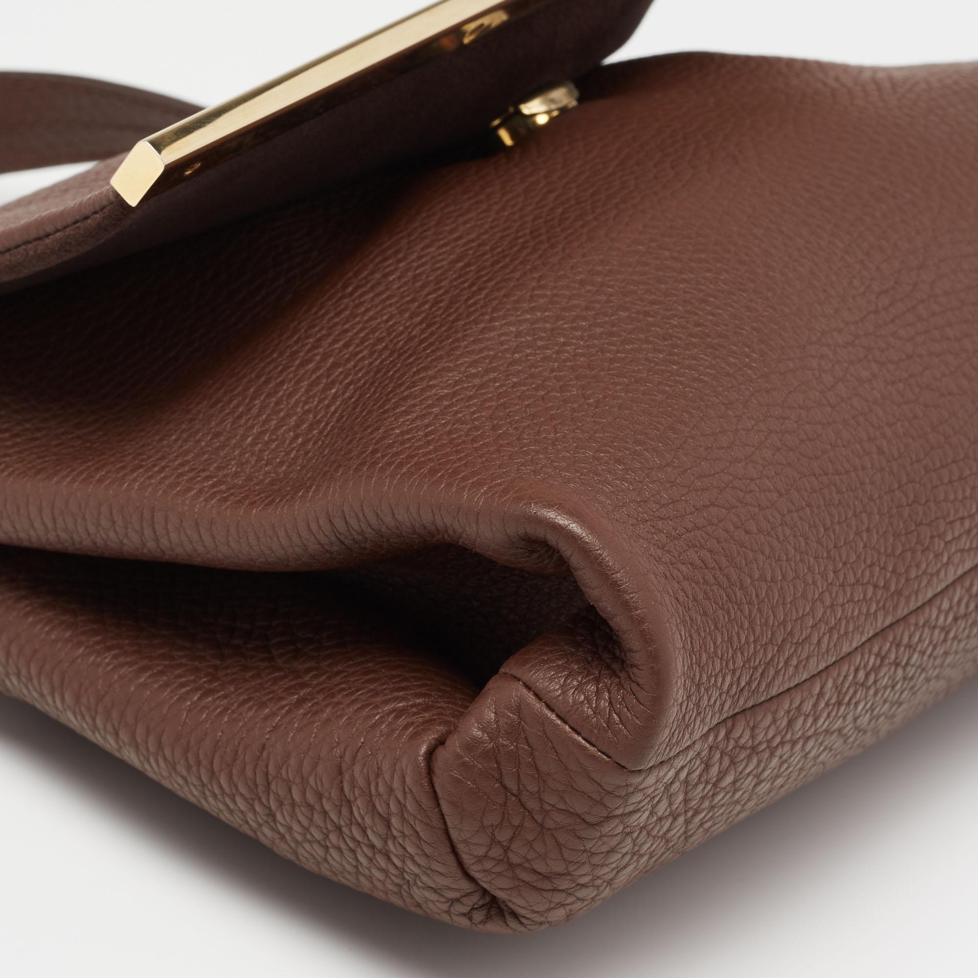 CH Carolina Herrera Dark Brown Leather Metal Flap Top Handle Bag 1