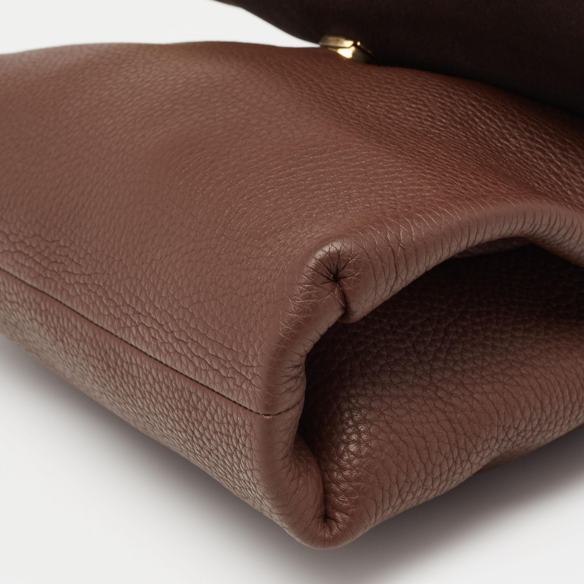 CH Carolina Herrera Dark Brown Leather Metal Flap Top Handle Bag 2
