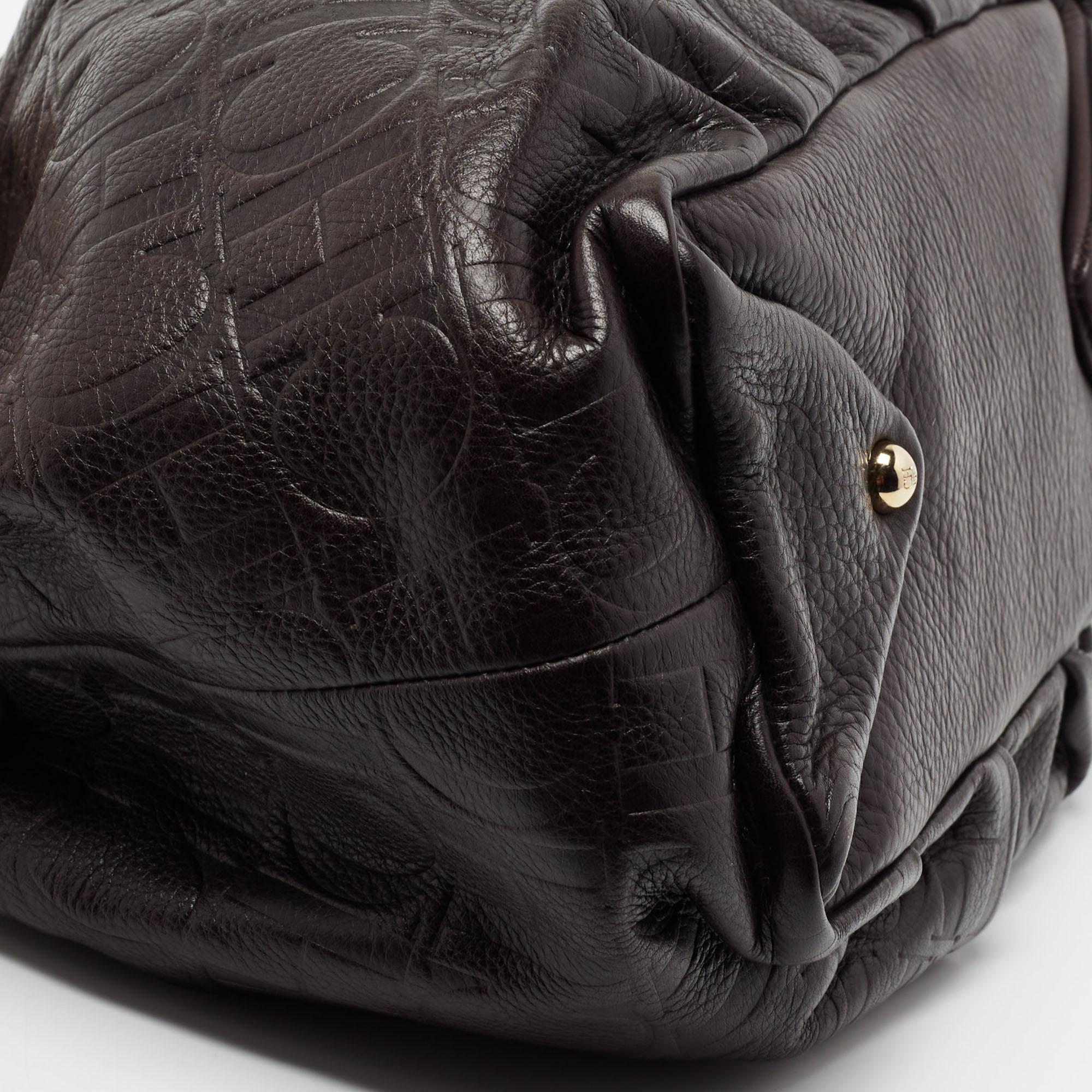 CH Carolina Herrera Dark Brown Monogram Embossed Leather Scarf Hobo 5