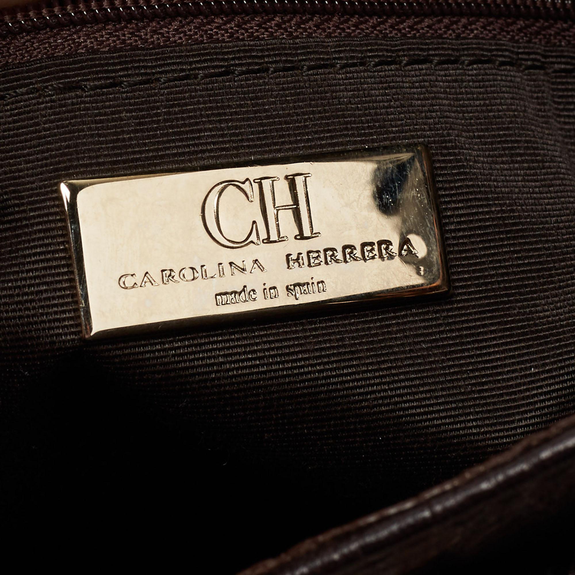 CH Carolina Herrera Dark Brown Monogram Embossed Leather Scarf Hobo 1