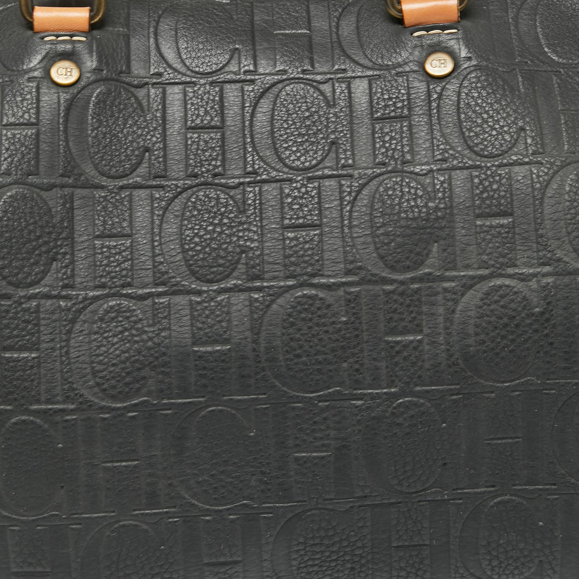 CH Carolina Herrera Dark Grey Monogram Embossed Leather Large Andy Boston Bag In Good Condition In Dubai, Al Qouz 2