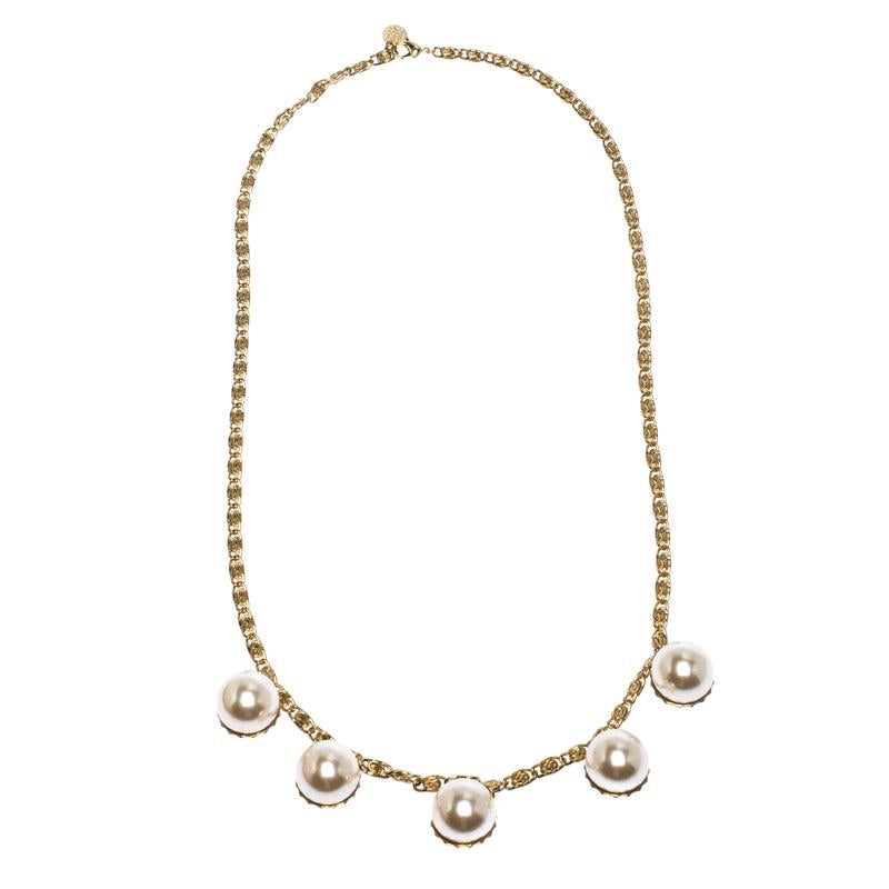 CH Carolina Herrera Faux Pearl Gold Tone Long Chain Link Necklace