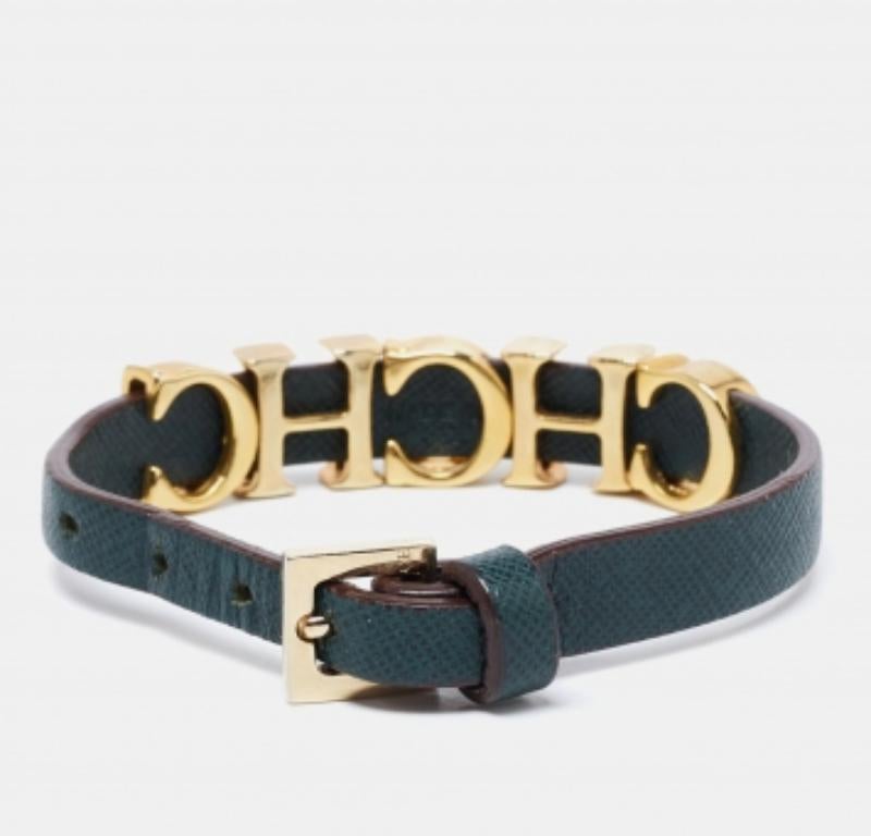 CH Carolina Herrera Forest Green Leather Logo Charms Wrap Bracelet For Sale 1