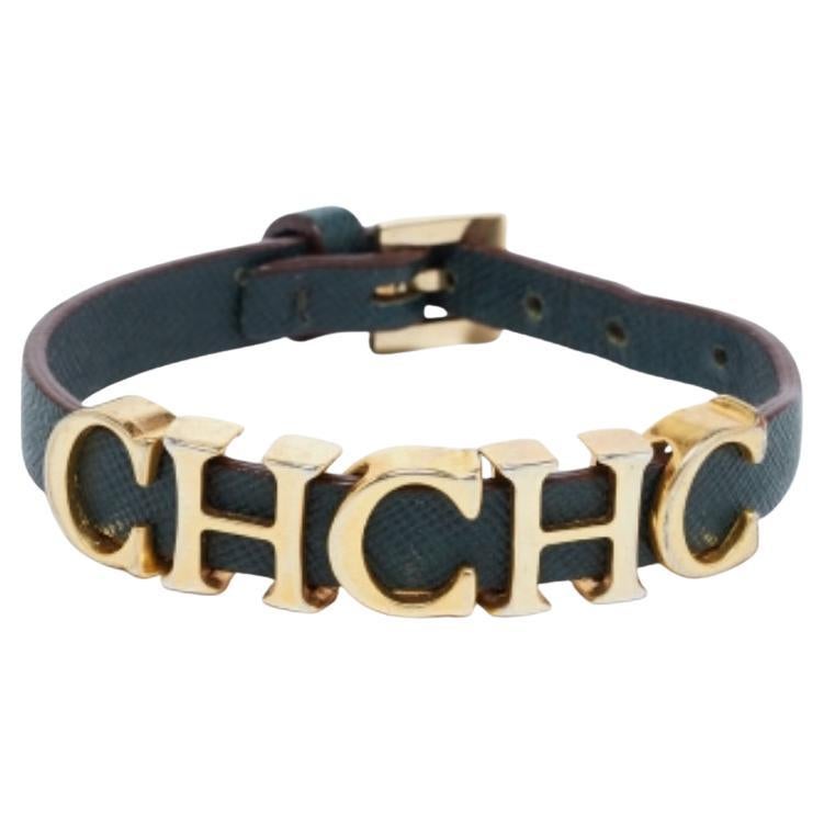 CH Carolina Herrera Forest Green Leather Logo Charms Wrap Bracelet For Sale