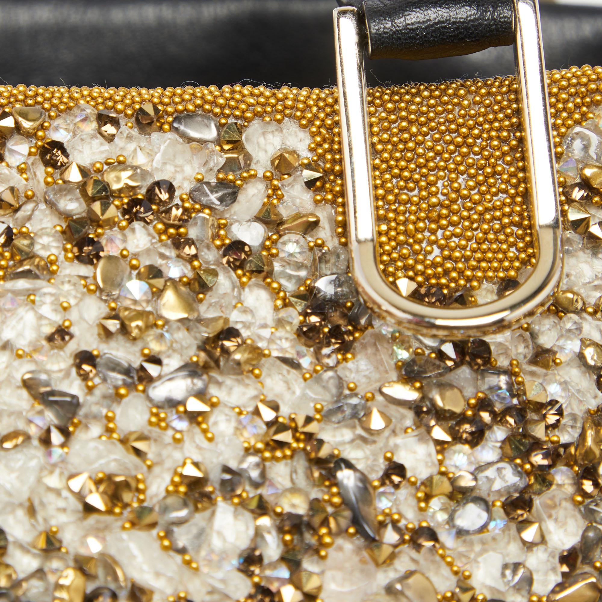 Women's CH Carolina Herrera Gold/Black Leather and Crystals Embellished Duchess Tote