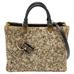 CH Carolina Herrera Gold/Black Leather and Crystals Embellished Duchess Tote