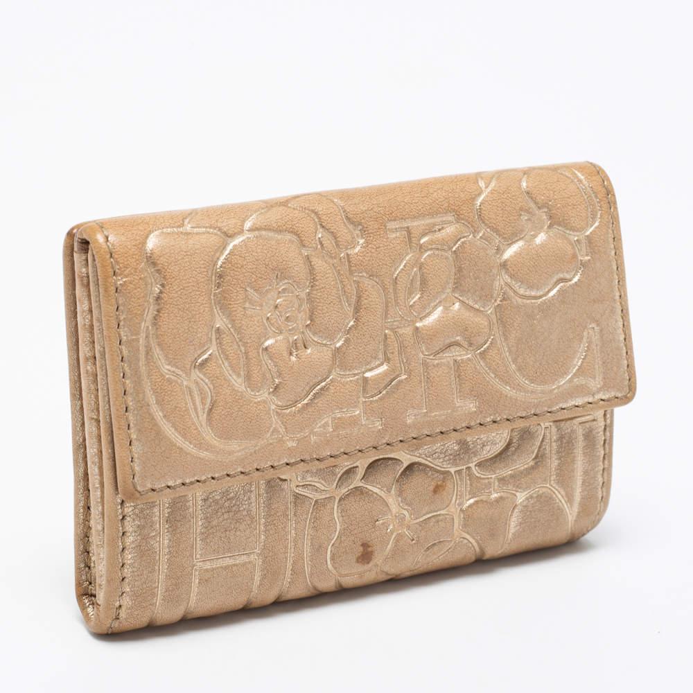 CH Carolina Herrera Gold Floral Embossed Leather Flap Compact Wallet 1