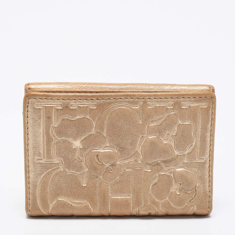 CH Carolina Herrera Gold Floral Embossed Leather Flap Compact Wallet 2