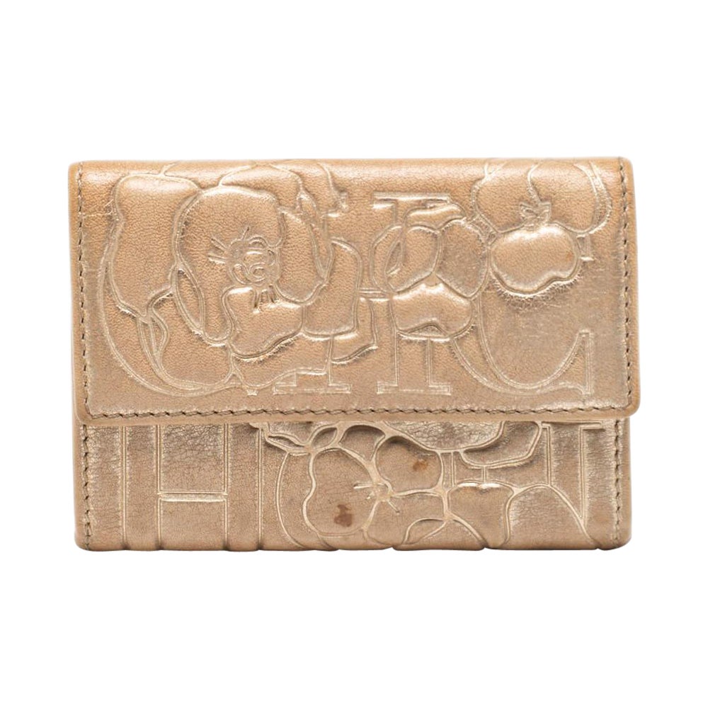 CH Carolina Herrera Gold Floral Embossed Leather Flap Compact Wallet