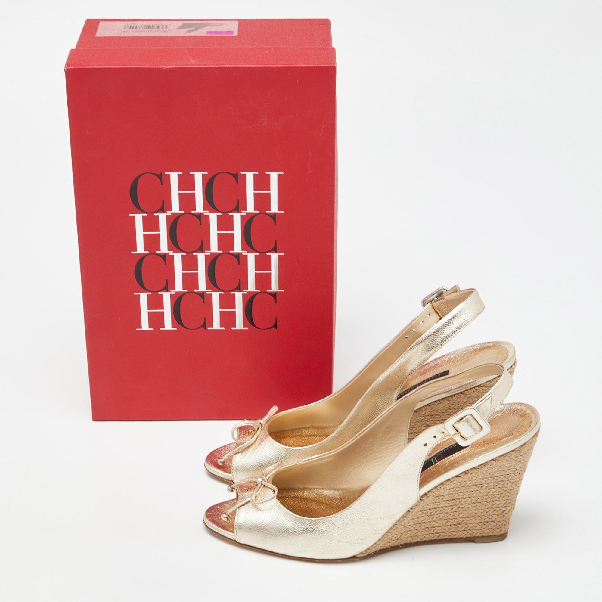 CH Carolina Herrera Gold Leather Ankle Strap Wedge Sandals Size 39 5