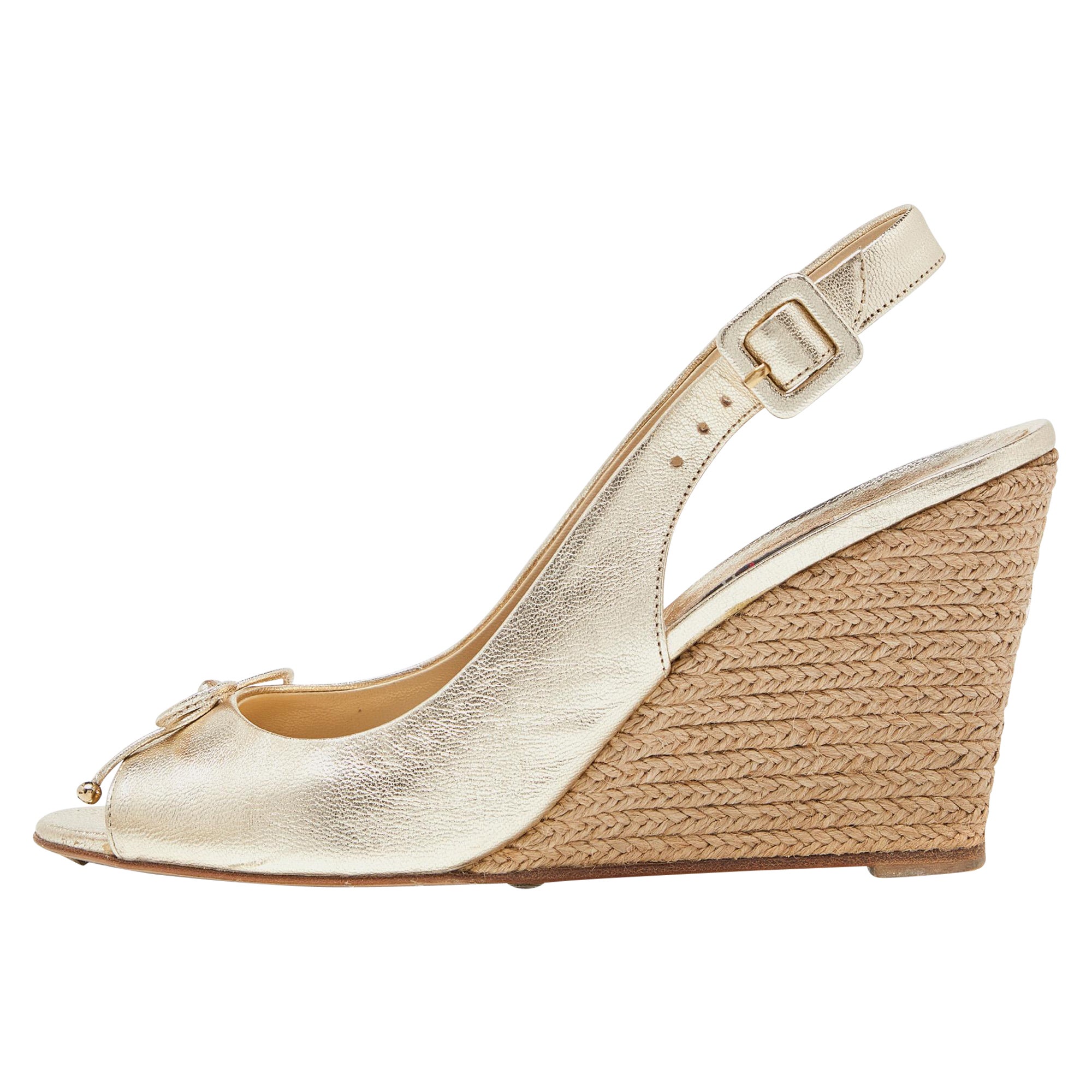 CH Carolina Herrera Gold Leather Ankle Strap Wedge Sandals Size 39