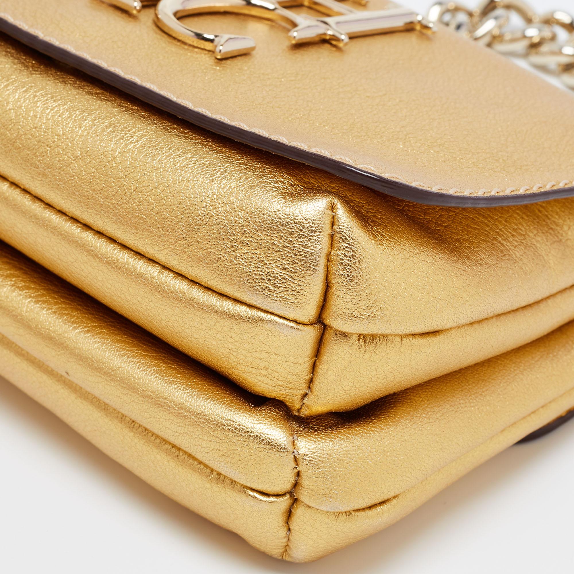 CH Carolina Herrera Gold Leather Logo Double Flap Chain Baguette Bag 3