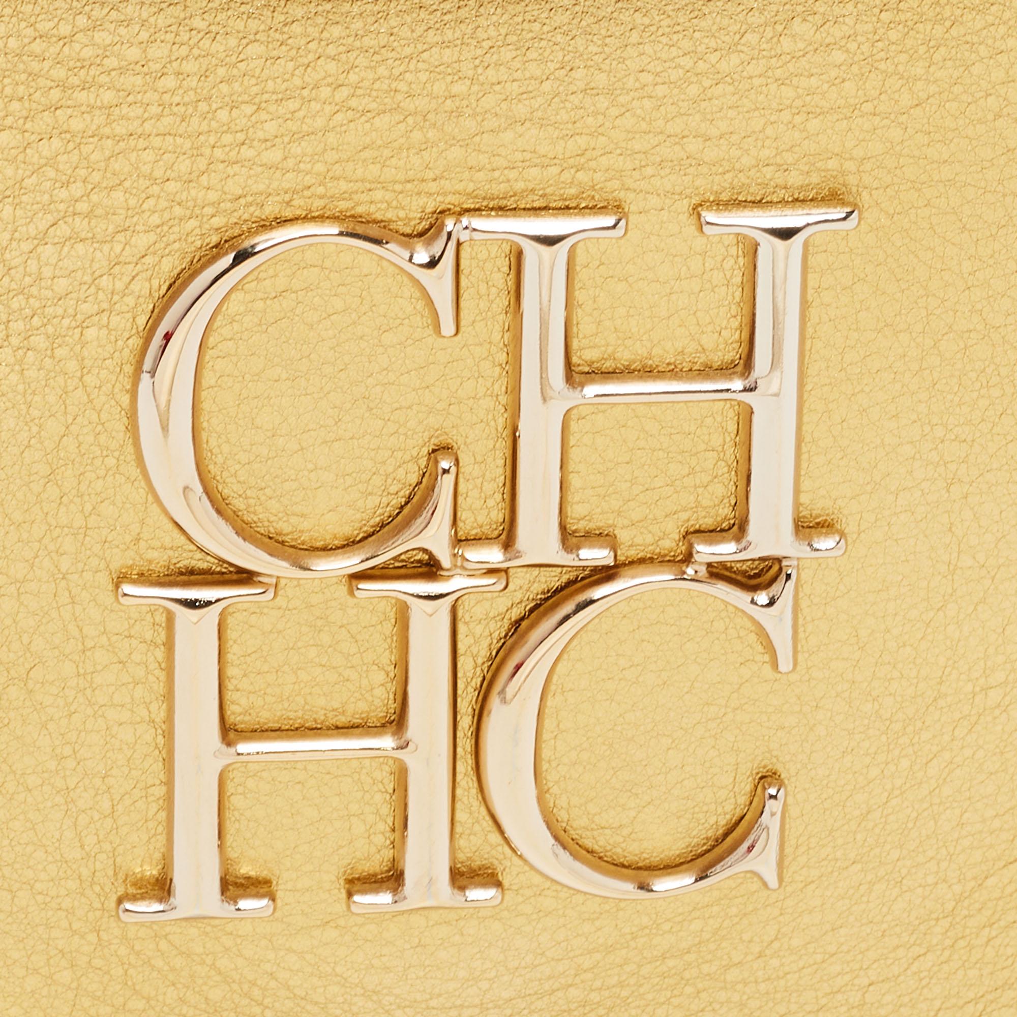 CH Carolina Herrera Gold Leather Logo Double Flap Chain Baguette Bag 5