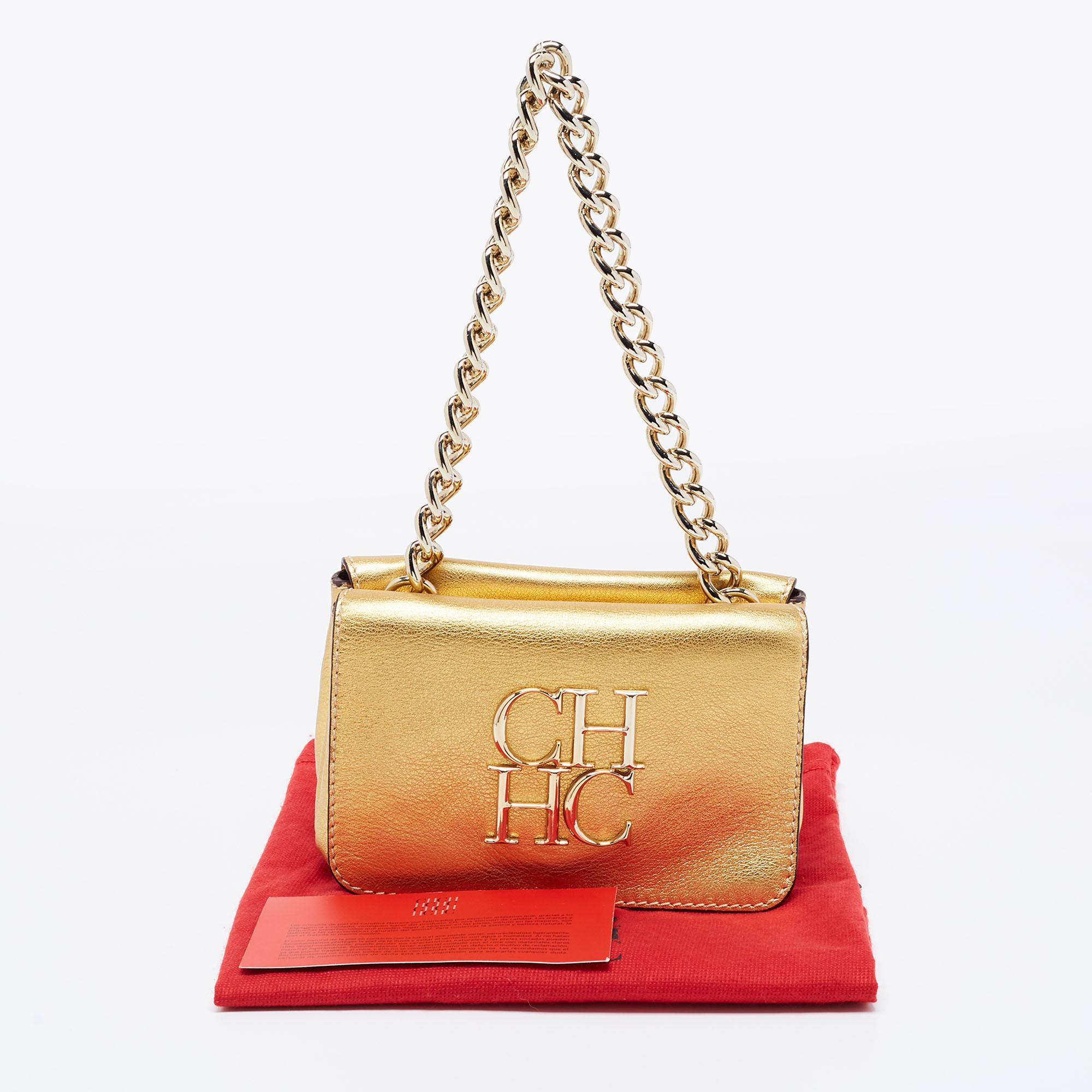 CH Carolina Herrera Gold Leather Logo Double Flap Chain Baguette Bag 7