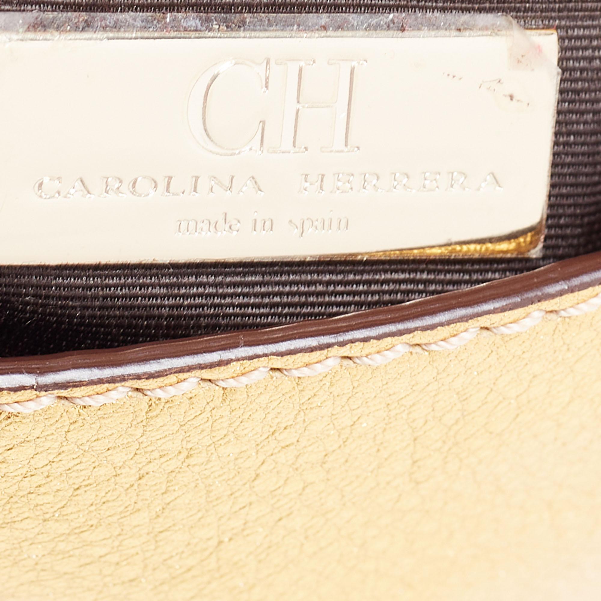 CH Carolina Herrera Gold Leather Logo Double Flap Chain Baguette Bag 1